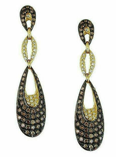 1.04CT WHITE & MOCHA DIAMOND 14KT YELLOW GOLD 3D TEAR DROP HANGING EARRINGS