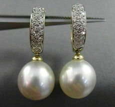ESTATE .25CT DIAMOND 14KT GOLD AAA SOUTH SEA PEARL 3 ROW HUGGIE HANGING EARRINGS