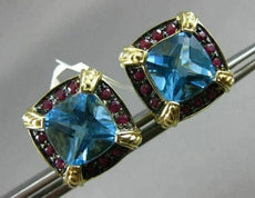 ESTATE LARGE 6.36CT BLUE TOPAZ & RUBY 14KT YELLOW GOLD FILIGREE CLIP ON EARRINGS