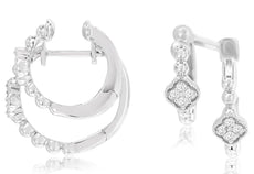 .18CT DIAMOND 14K WHITE GOLD FILIGREE DOUBLE FLOWER HOOP HUGGIE HANGING EARRINGS