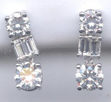 2.32CT DIAMOND 18K WHITE GOLD ROUND & BAGUETTE DOUBLE SOLITAIRE HANGING EARRINGS