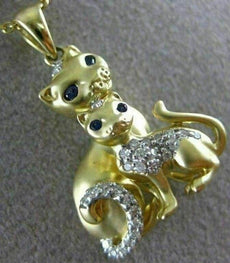 ESTATE .20CT DIAMOND & AAA SAPPHIRE 14KT YELLOW GOLD MOTHER & BABY KITTY PENDANT