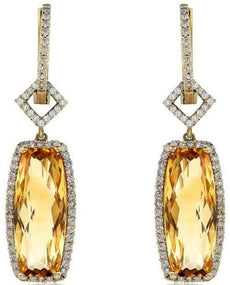 8.16CT DIAMOND & AAA CITRINE 14KT YELLOW GOLD CUSHION & ROUND HANGING EARRINGS