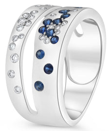 WIDE .54CT DIAMOND & AAA SAPPHIRE 14K WHITE GOLD ROUND DOUBLE BAND ETOILE RING