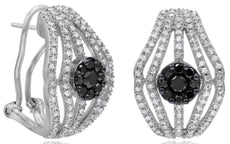 WIDE 1.52CT WHITE & BLACK DIAMOND 14K WHITE GOLD FLOWER CLIP ON HANGING EARRINGS