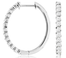 1.0CT DIAMOND 14KT WHITE GOLD DIAGONAL OVAL SHARED PRONG HOOP HANGING EARRINGS