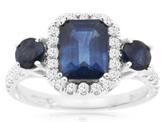 2.85CT DIAMOND & AAA SAPPHIRE 14K WHITE GOLD EMERALD CUT & ROUND ENGAGEMENT RING