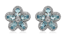 4.87CT DIAMOND & AAA AQUAMARINE 14K WHITE GOLD OVAL & ROUND FLOWER STUD EARRINGS