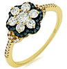 ESTATE .75CT WHITE & BLUE DIAMOND 14KT BLACK & YELLOW GOLD FLOWER HALO LOVE RING