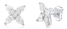 ESTATE 4.09CT DIAMOND PLATINUM 3D ROUND & PEAR SHAPE FLOWER STUD EARRINGS