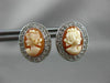 ESTATE SMALL .27CT DIAMOND & LADY CAMEO 14K WHITE GOLD FILIGREE CLIP ON EARRINGS