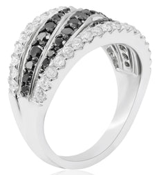 1.45CT WHITE & BLACK DIAMOND 14KT WHITE & BLACK GOLD MULTI ROW CRISS CROSS RING