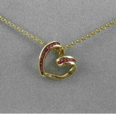 ESTATE RUBY HANGING OPEN HEART 3D CHANNEL 14KT YELLOW GOLD PENDANT + CHAIN ##925