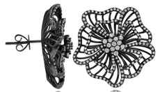 LARGE 1.45CT DIAMOND 14KT BLACK GOLD 3D ROUND FLOWER STUD EARRINGS