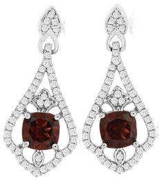 1.78CT DIAMOND & AAA GARNET 14KT WHITE GOLD 3D CUSHION & ROUND FLORAL EARRINGS