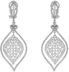 6.35CT DIAMOND 18KT WHITE GOLD TEAR DROP OPEN FILIGREE CLIP ON HANGING EARRINGS