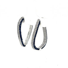 3.19CT DIAMOND & AAA SAPPHIRE 18K WHITE GOLD TRIANGULAR INSIDE OUT HOOP EARRINGS