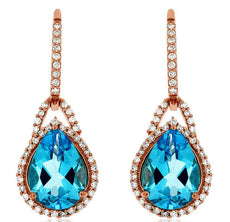 4.6CT DIAMOND & AAA BLUE TOPAZ 14K ROSE GOLD PEAR SHAPE & ROUND HANGING EARRINGS