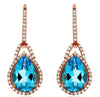 4.6CT DIAMOND & AAA BLUE TOPAZ 14K ROSE GOLD PEAR SHAPE & ROUND HANGING EARRINGS