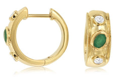 .51CT DIAMOND & AAA EMERALD 14K YELLOW GOLD 3 STONE HUGGIE HOOP HANGING EARRINGS