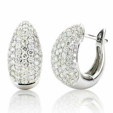 ESTATE 2.0CT DIAMOND 18K WHITE GOLD ROUND CLASSIC PAVE SEMI HOOP HUGGIE EARRINGS