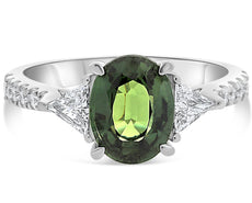 LARGE 2.85CT DIAMOND & AAA GREEN SAPPHIRE 18KT WHITE GOLD OVAL ENGAGEMENT RING