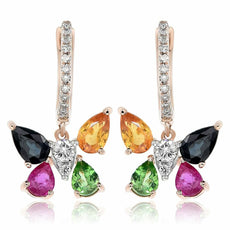 1.99CT DIAMOND & MULTI GEM 14KT ROSE GOLD BUTTERFLY LEVERBACK HANGING EARRINGS
