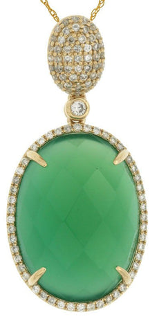 1.40CT DIAMOND & AAA GREEN AGATE 14KT YELLOW GOLD OVAL HALO CLASSIC PENDANT