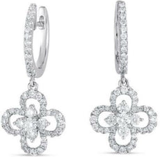 .81CT DIAMOND 14KT WHITE GOLD 3D 4 LEAF CLOVER FLOWER HUGGIE HANGING EARRINGS