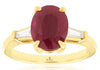 3.26CT DIAMOND & AAA RUBY 14KT YELLOW GOLD OVAL & TAPERED BAGUETTE 3 STONE RING