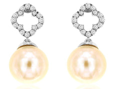 .15CT DIAMOND & AAA SOUTH SEA PEARL 14KT WHITE GOLD FLOWER FUN HANGING EARRINGS