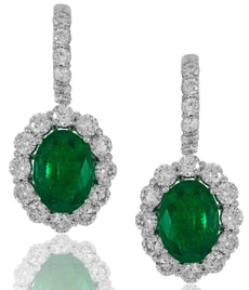 11.11CT DIAMOND & AAA EMERALD 18KT WHITE GOLD 3D OVAL & ROUND HANGING EARRINGS