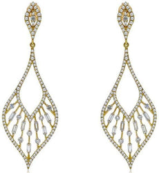1.24CT DIAMOND 14K YELLOW GOLD BAGUETTE OPEN FILIGREE TEAR DROP HANGING EARRINGS