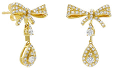 ESTATE .76CT DIAMOND 14KT YELLOW GOLD 3D ROUND TEAR DROP BOW HANGING EARRINGS