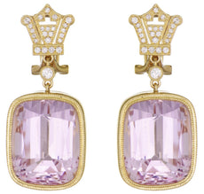 LARGE 54.06CT DIAMOND & AAA KUNZITE 18KT YELLOW GOLD 3D CUSHION & ROUND EARRINGS