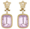 LARGE 54.06CT DIAMOND & AAA KUNZITE 18KT YELLOW GOLD 3D CUSHION & ROUND EARRINGS