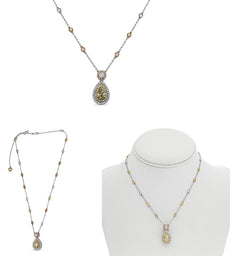 4.77CT WHITE PINK & FANCY YELLOW DIAMOND 18K TRI COLOR GOLD DOUBLE HALO NECKLACE