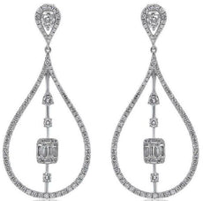 1.36CT DIAMOND 14KT WHITE GOLD 3D BAGUETTE CLUSTER TEAR DROP HANGING EARRINGS