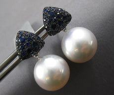 ESTATE LARGE 1.33CT AAA SAPPHIRE & SOUTH SEA PEARL 18KT WHITE GOLD FUN HANGING EARRINGS