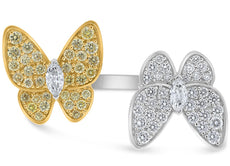 LARGE 1.23CT WHITE & FANCY YELLOW DIAMOND 14Kt 2 TONE GOLD DOUBLE BUTTERFLY RING