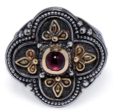 AAA GARNET 18K YELLOW GOLD & 925 SILVER HANDCRAFTED FILIGREE FLORAL CROSS RING