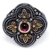 AAA GARNET 18K YELLOW GOLD & 925 SILVER HANDCRAFTED FILIGREE FLORAL CROSS RING