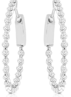 1CT DIAMOND 14KT WHITE GOLD ROUND SHARED PRONG INSIDE OUT HOOP HANGING EARRINGS
