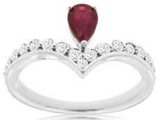 .82CT DIAMOND & AAA RUBY 14KT WHITE GOLD PEAR SHAPE V SHAPE SOLITAIRE CROWN RING