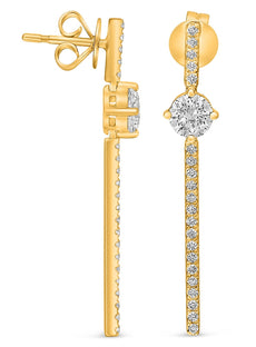 .97CT DIAMOND 14KT YELLOW GOLD 3D CLASSIC ROUND SOLITAIRE BAR HANGING EARRINGS