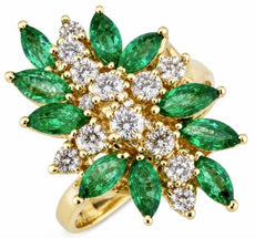 LARGE 1.60CT DIAMOND & AAA EMERALD 14KT YELLOW GOLD MARQUISE & ROUND FLOWER RING
