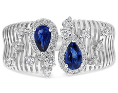 LARGE .90CT DIAMOND AAA SAPPHIRE 14KT WHITE GOLD PEAR SHAPE ROUND MULTI BAR RING