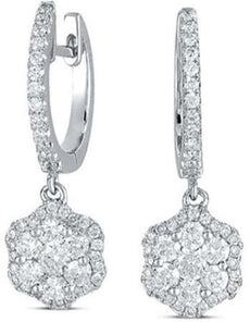 .83CT DIAMOND 14KT WHITE GOLD 3D FLOWER HALO HUGGIE CLASSIC HANGING EARRINGS