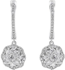 ESTATE .72CT DIAMOND 14KT WHITE GOLD 3D FLOWER HUGGIE HANGING EARRINGS