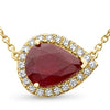 .96CT DIAMOND & AAA RUBY 18K YELLOW GOLD PEAR SHAPE SOLITAIRE HALO LOVE NECKLACE